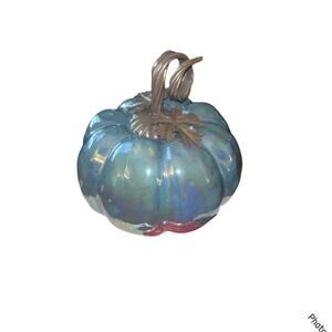 Harvest Ceramic Blue Pumpkin With Silver Metal Leaf Autumn /Fall Decor